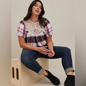 Torrid Plaid Crochet Lace Crinkle Gauze Blouse